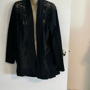 LOGO By Lori Goldstein Black Open Front Lace Overlay Cardigan Size XL